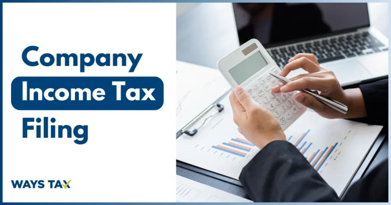 Business professional using a calculator and reviewing financial charts on a desk, representing Company Income Tax Filing services by Ways Tax.