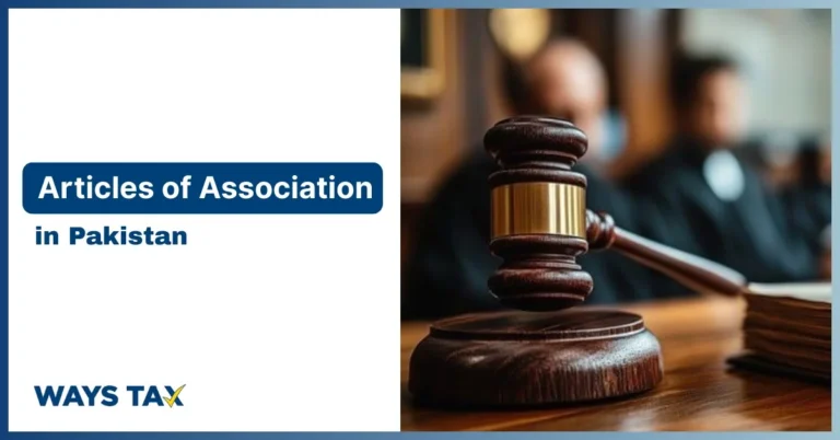 A courtroom-themed image showing a wooden gavel on a desk alongside text referencing legal company documents, representing Article of Association services by WaysTax.
