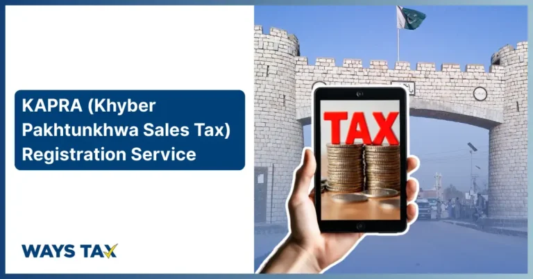 A hand holding a tablet with "TAX" and coin graphics, set against the historic Bab-e-Khyber gate, representing the KAPRA (Khyber Pakhtunkhwa Sales Tax) Registration service by Waystax.