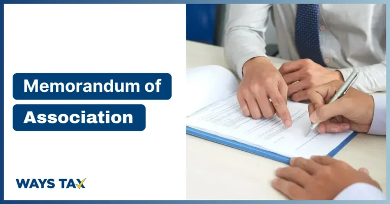 Memorandum of Association by Waystax, showing hands of professionals reviewing and signing official company documents.