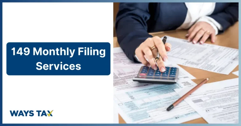 A close-up of a professional's hands using a calculator to process tax paperwork for the 149 Monthly Filing Services provided by Waystax.