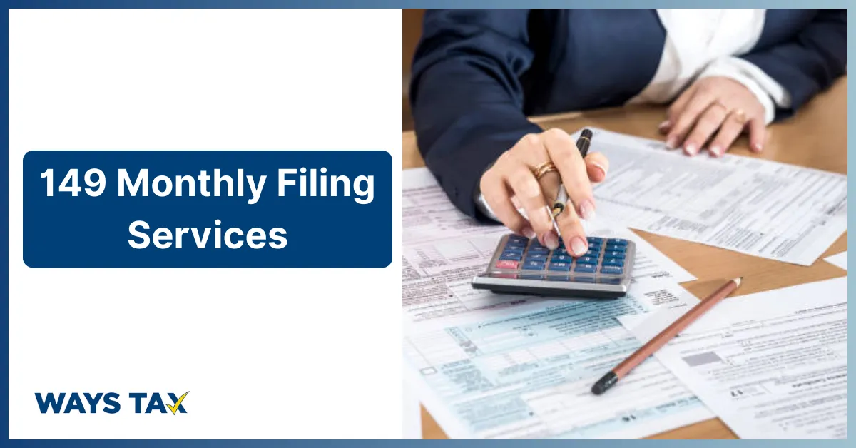 A close-up of a professional's hands using a calculator to process tax paperwork for the 149 Monthly Filing Services provided by Waystax.