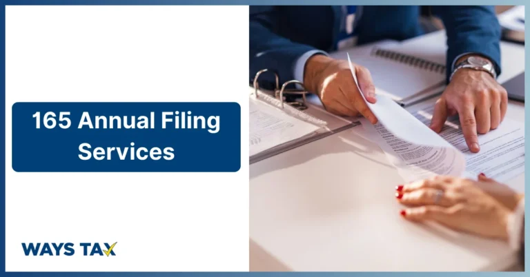 A corporate graphic featuring the Waystax logo and a banner for 165 Annual Filing Services next to accountants analyzing data on a clipboard.