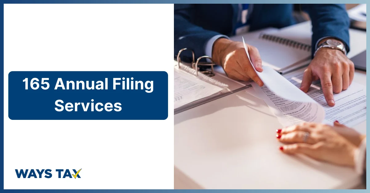 A corporate graphic featuring the Waystax logo and a banner for 165 Annual Filing Services next to accountants analyzing data on a clipboard.