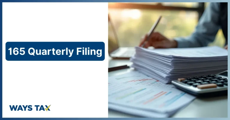 A corporate banner for WaysTax titled "165 Quarterly Filing Services" featuring a person working on a desk filled with spreadsheets and organized paperwork.