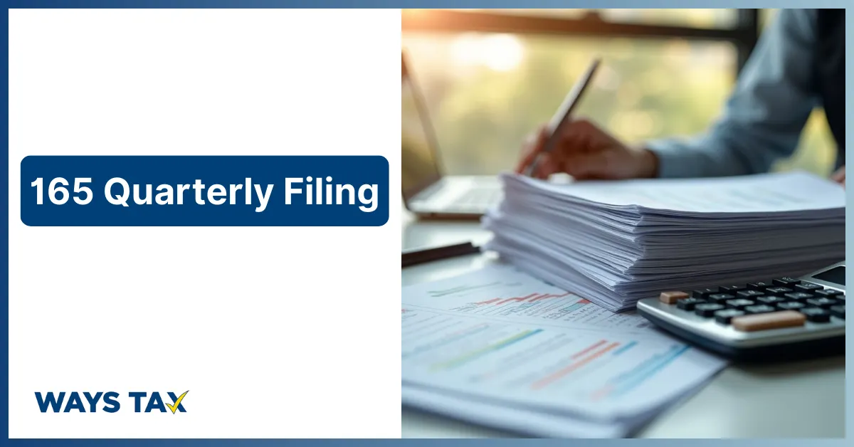 A corporate banner for WaysTax titled "165 Quarterly Filing Services" featuring a person working on a desk filled with spreadsheets and organized paperwork.