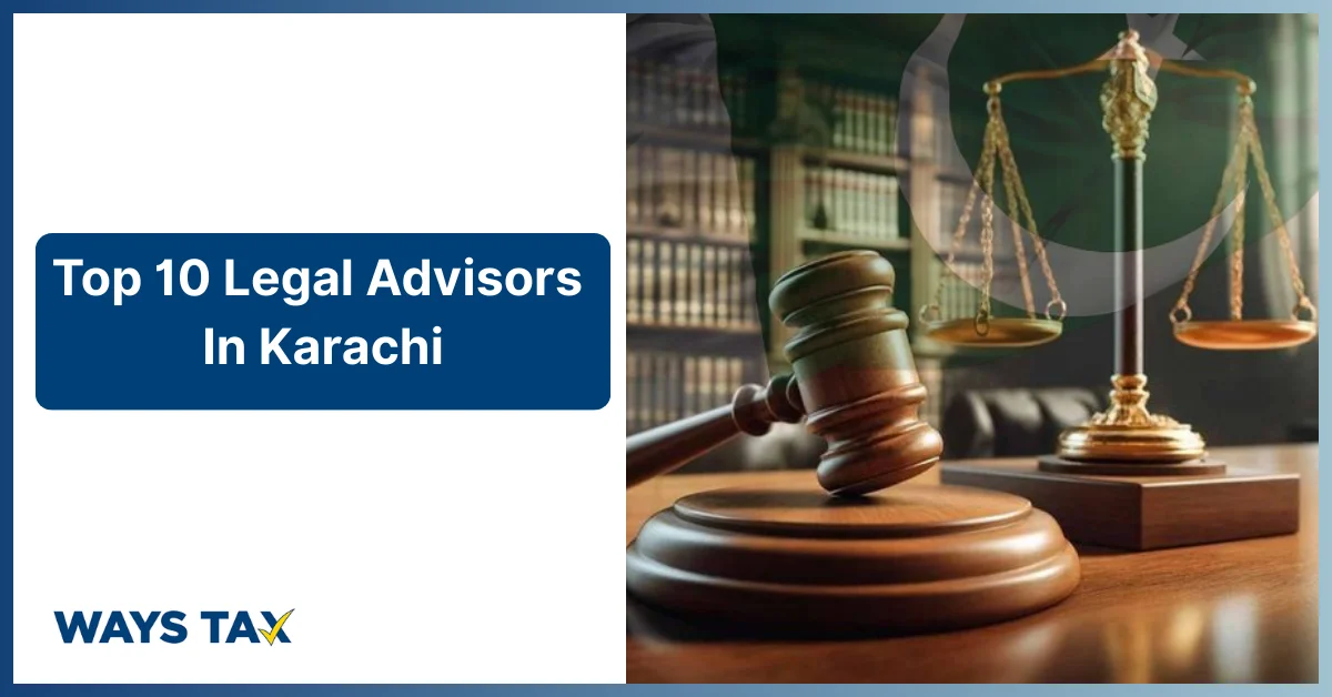 Top 10 legal advisors in Karachi illustrated with a judge’s gavel, justice scales, and law books in a professional courtroom setting, representing trusted legal consultancy services by Waystax.
