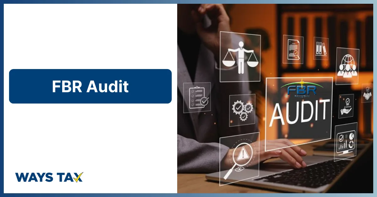 Ways Tax banner for FBR Audit services, featuring a person working on a laptop with digital tax and legal compliance icons.