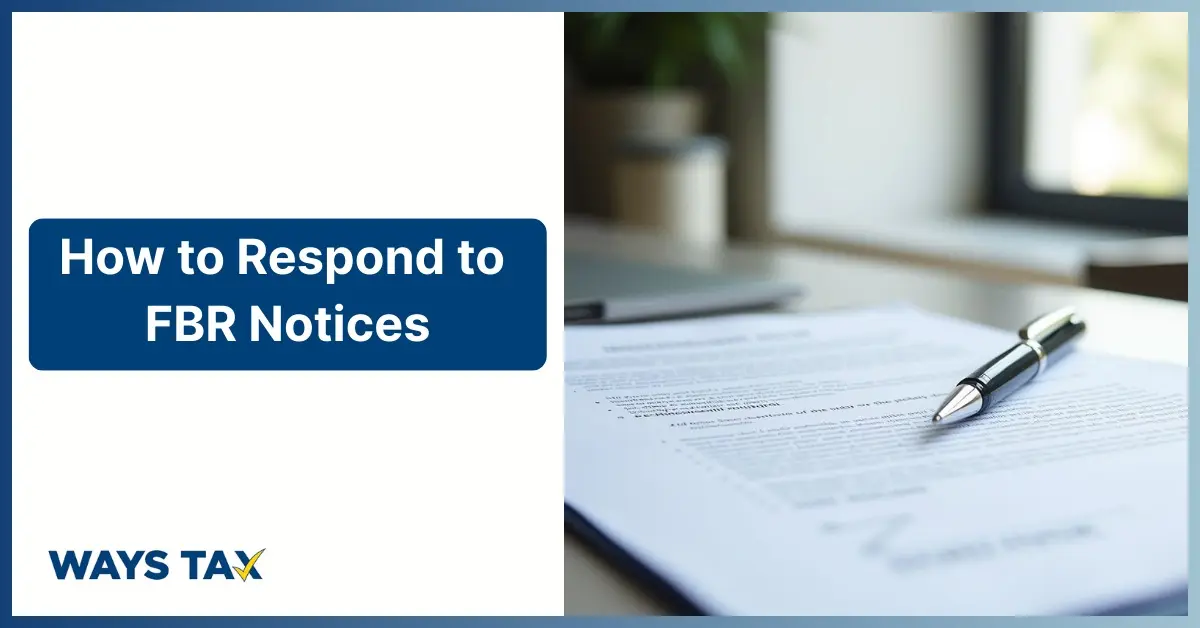 How to Respond to FBR Notices guide by Ways Tax, featuring a document with a pen on a desk, representing official tax communication and response process.