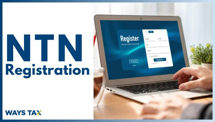 A clean, corporate graphic for Waystax titled "NTN Registration," featuring a business professional focused on a laptop with tax-related paperwork and official seals in the background.