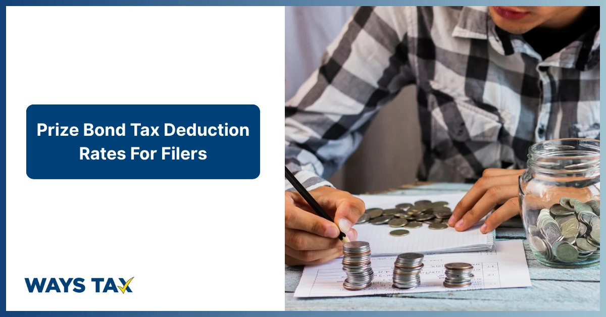 Ways Tax banner: Prize Bond Tax Deduction Rates for Filers, featuring coins and financial planning imagery.